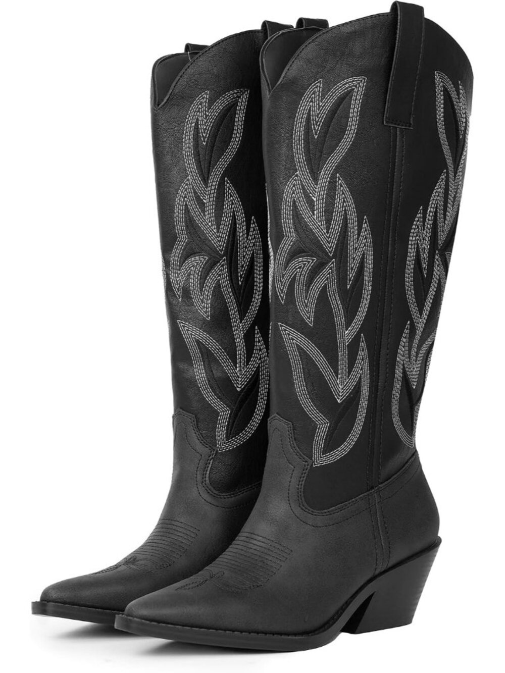 Women's Black Knee High Boots Snip Toe Faux Leather Embroidered Cowgirl Boots